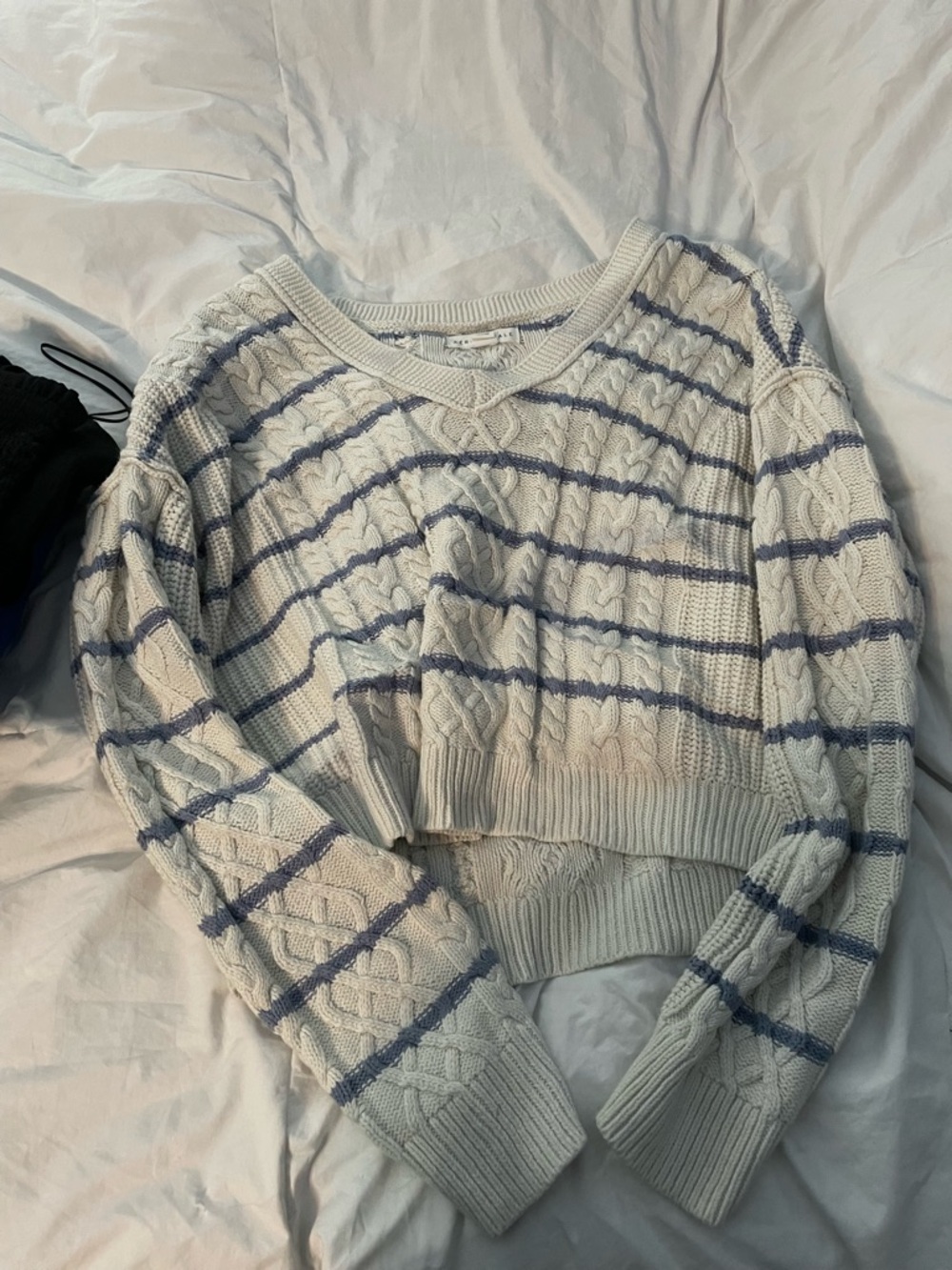 Aeropostale Cream Cable-Knit Sweater with Blue Stripes